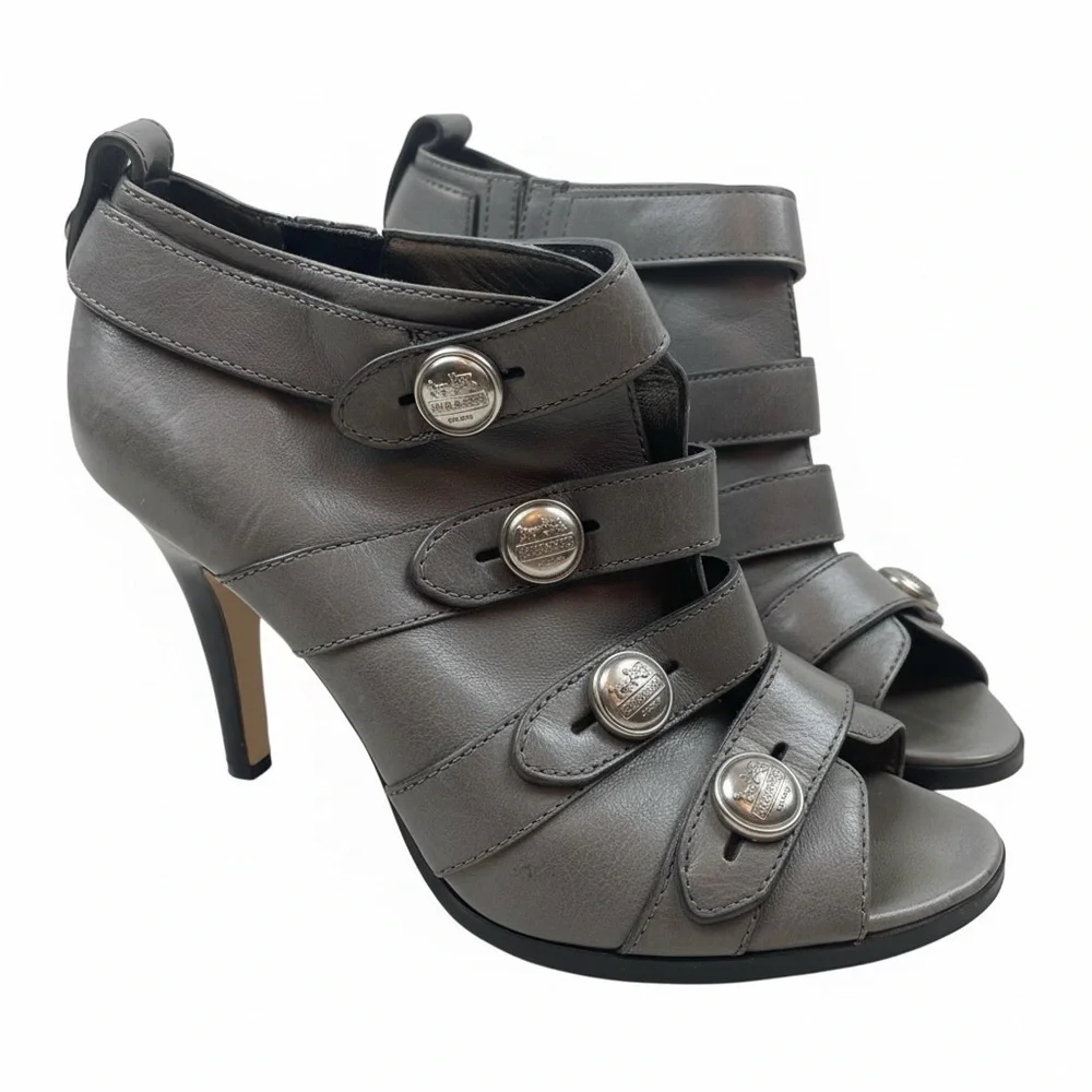 Coach Brandi Gray Leather Peep-Toe Booties 8.5B Silver Logo Buttons